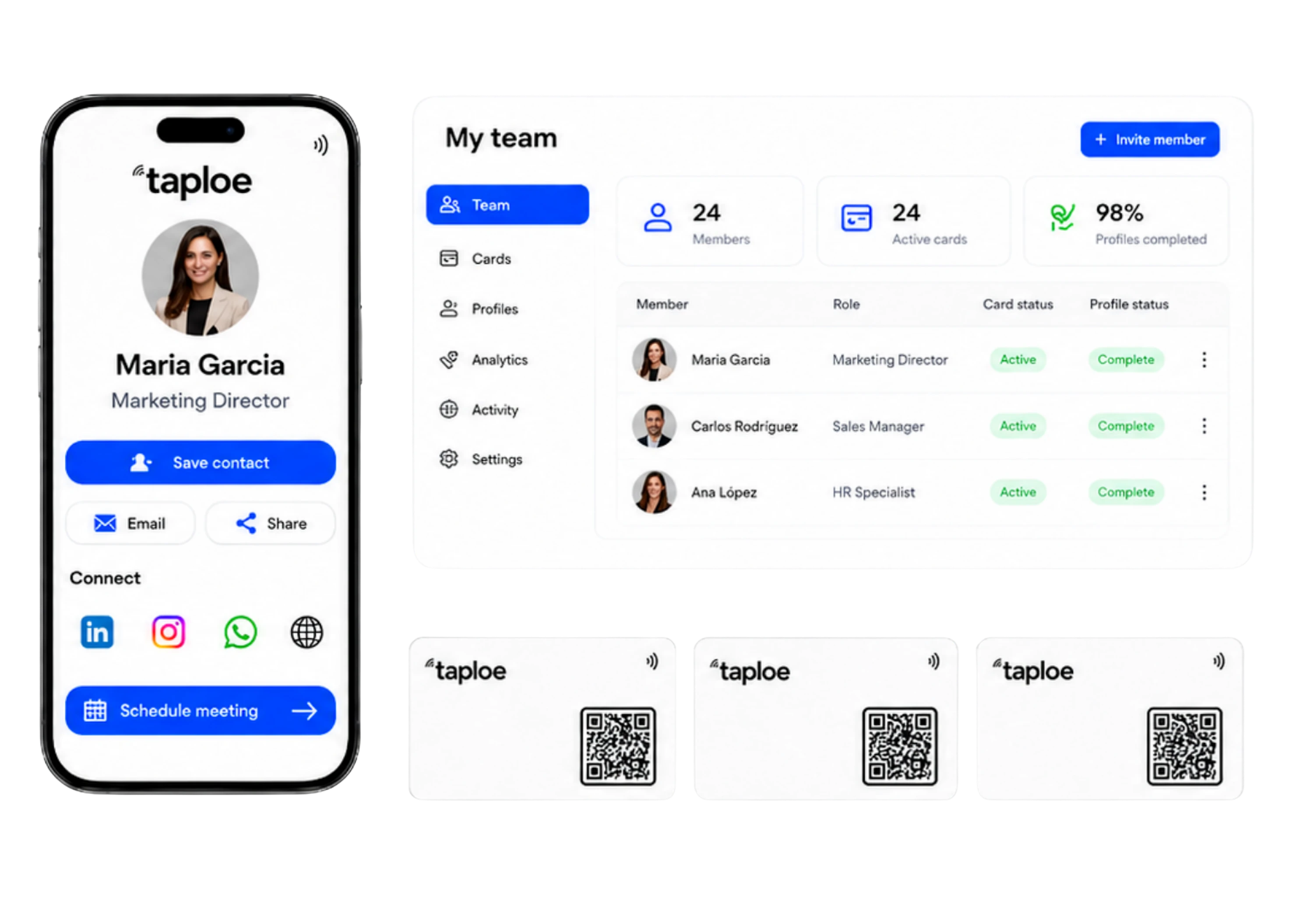 Taploe for teams admin dashboard and team member cards